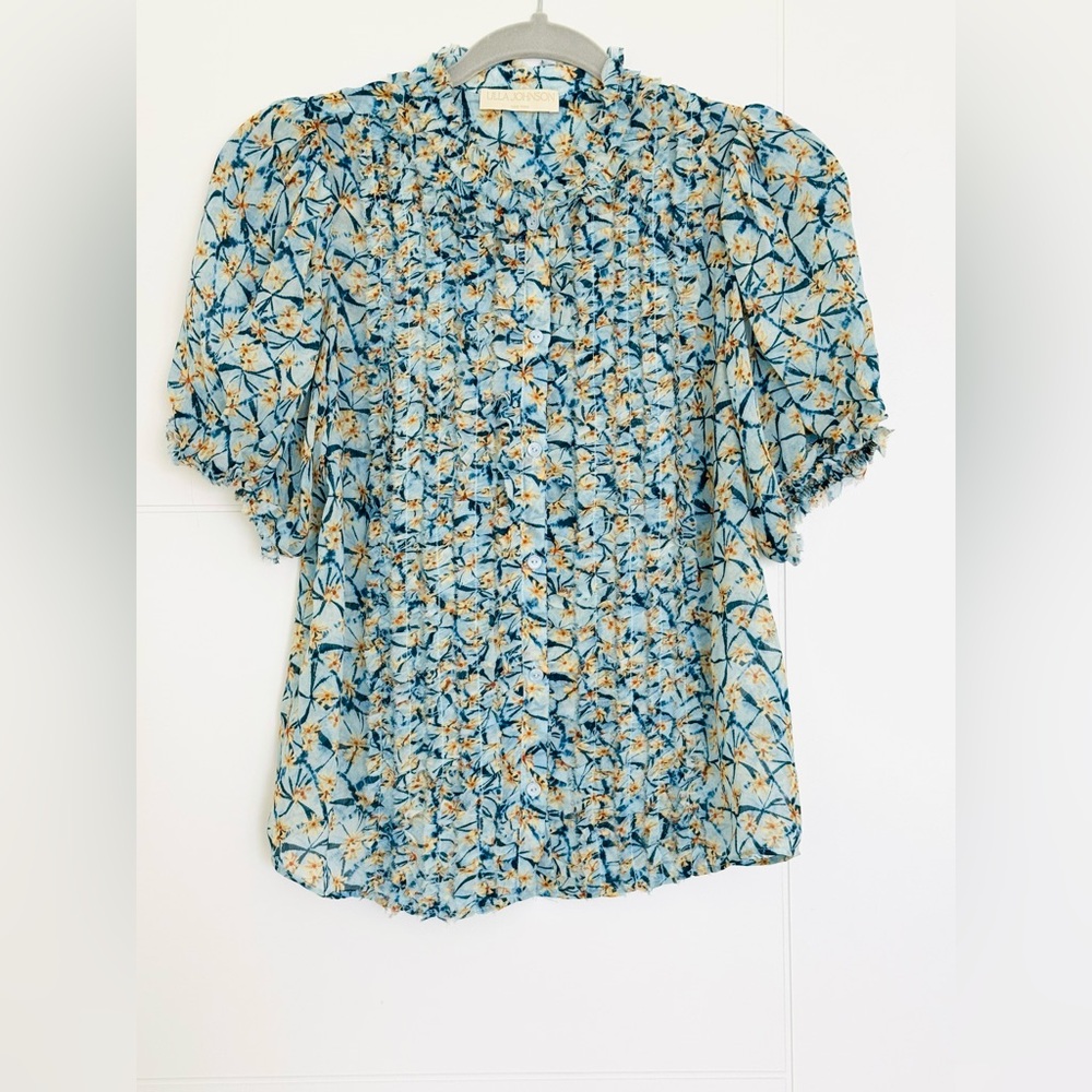 Ulla Johnson Adira Silk Puff Sleeve Button Top Blue Floral Print Poplin Size 0 - Picture 3 of 10